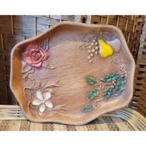 Vintage faux wood all seasons tray. Rose, flower, fruit, holly. Multi prod inc.